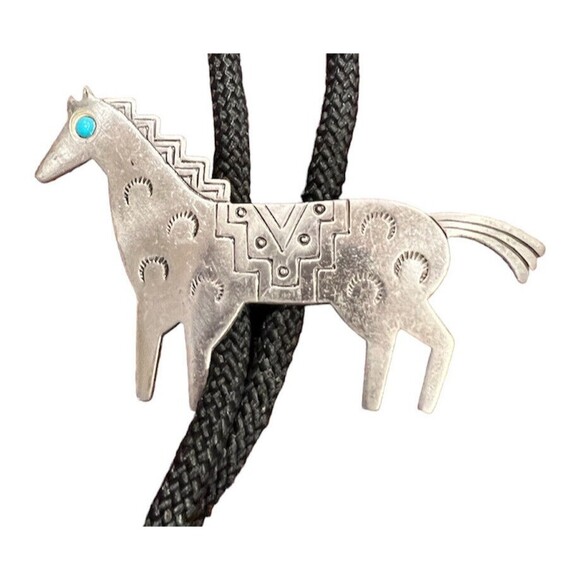 JJ Jonette Bolo tie necklace Boho Southwest Horse Tribal Stamped Rodeo Vintage